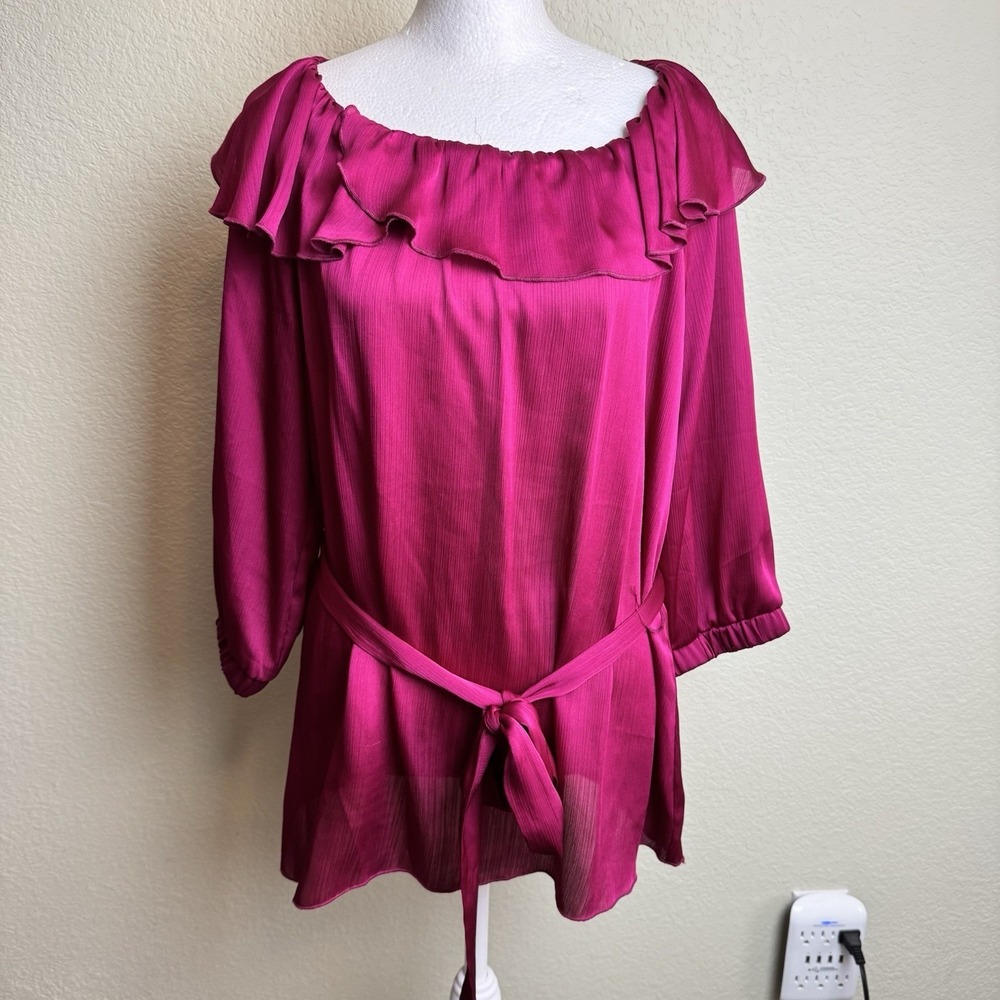 Perception Women's Top Blouse Fuchsia Ruffle Size M 3/4 Sleeves Tie Waist